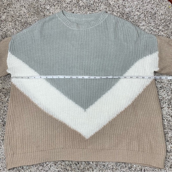 Unbranded Tan Grey White Colorblock Long Sleeve Crewneck Knit Sweater - Picture 6 of 7